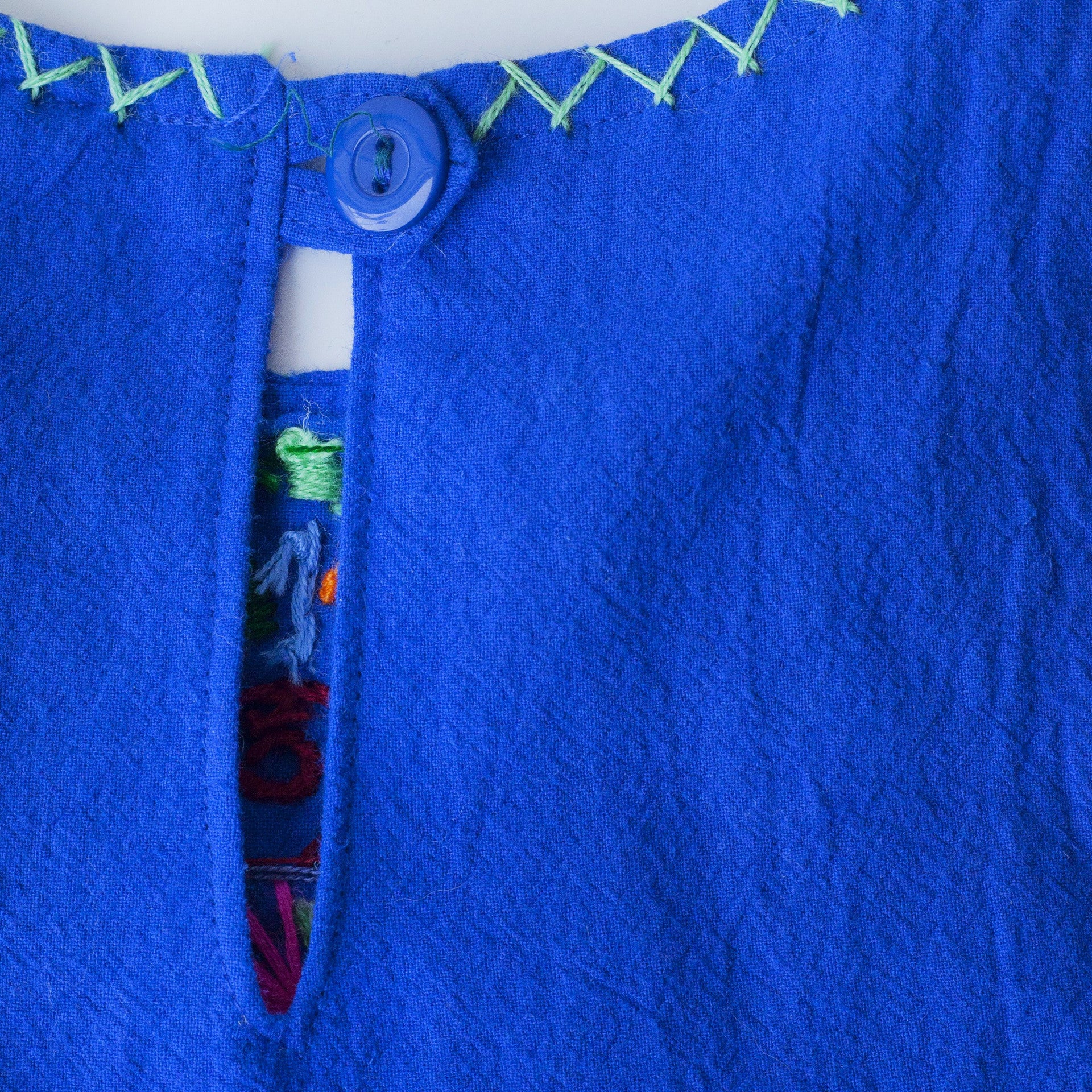 Detail of reverse-side button closure at neckline with cross-stitch trim.