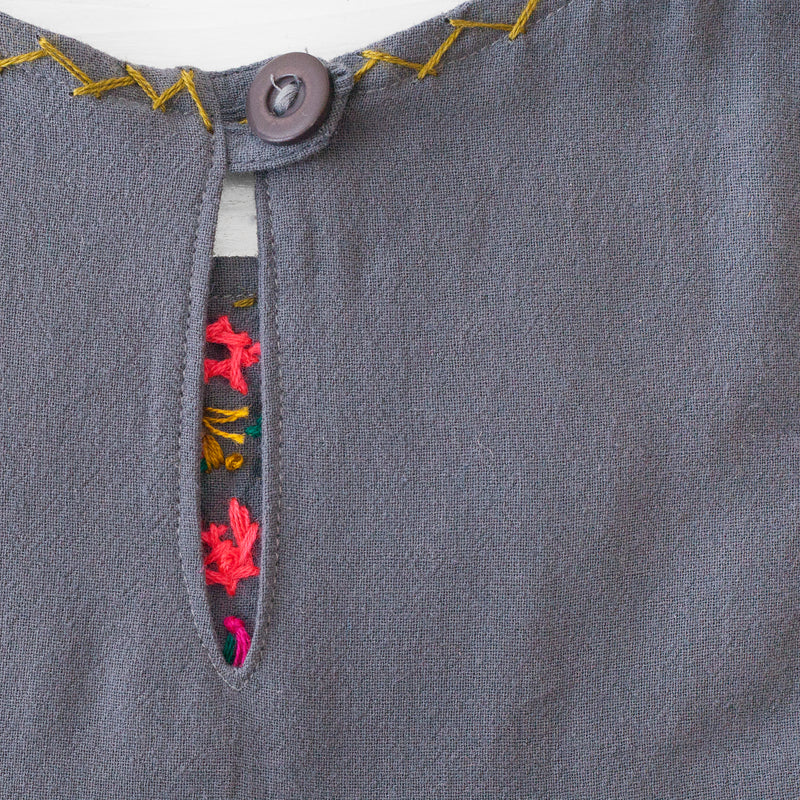 Detail of reverse-side button closure at neckline with cross-stitch trim.