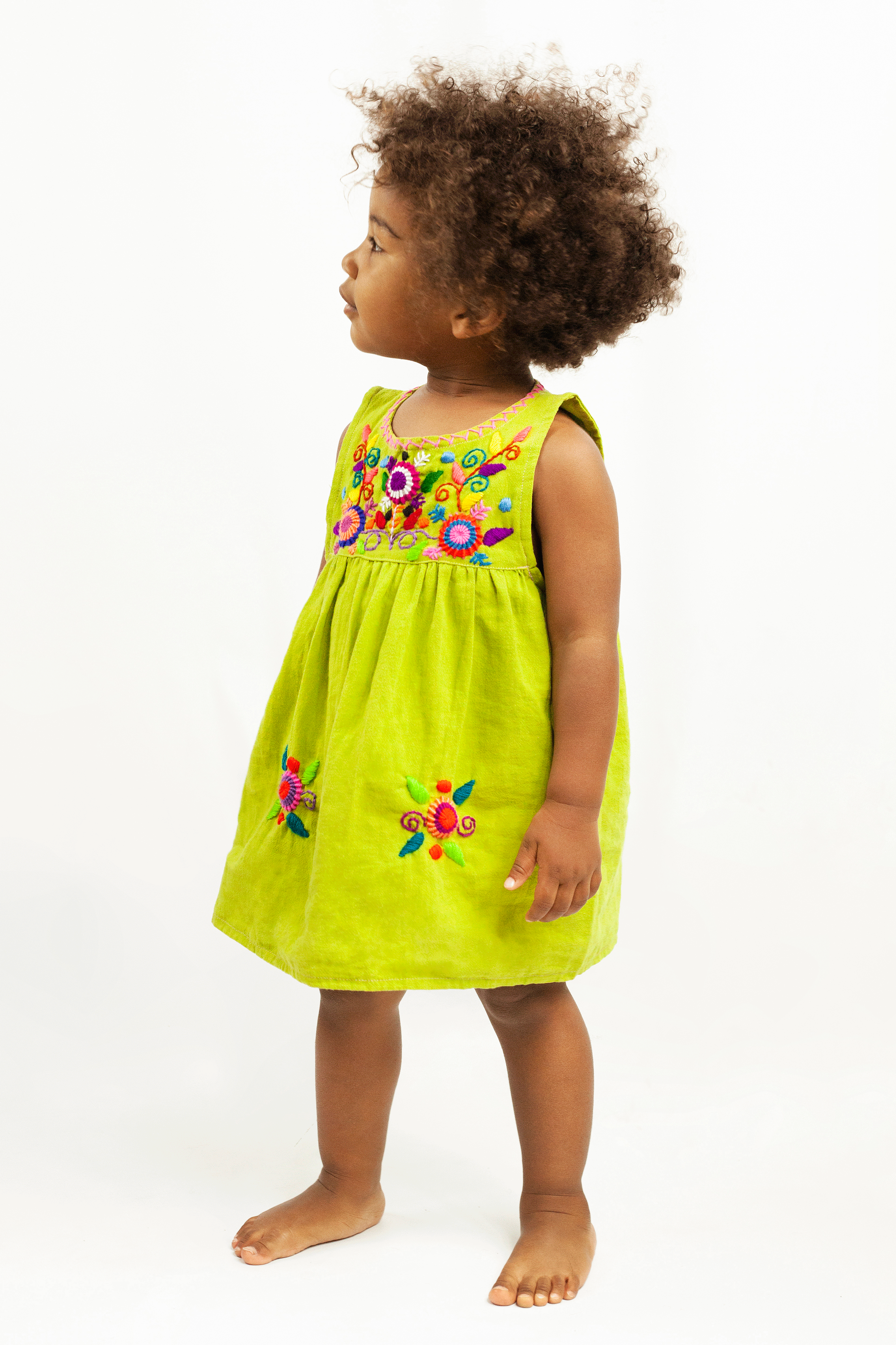 Child wearing a sleeveless light green knee-length sun dress. There are multicolor hand embroidered floral elements on the chest and skirt of the dress. 